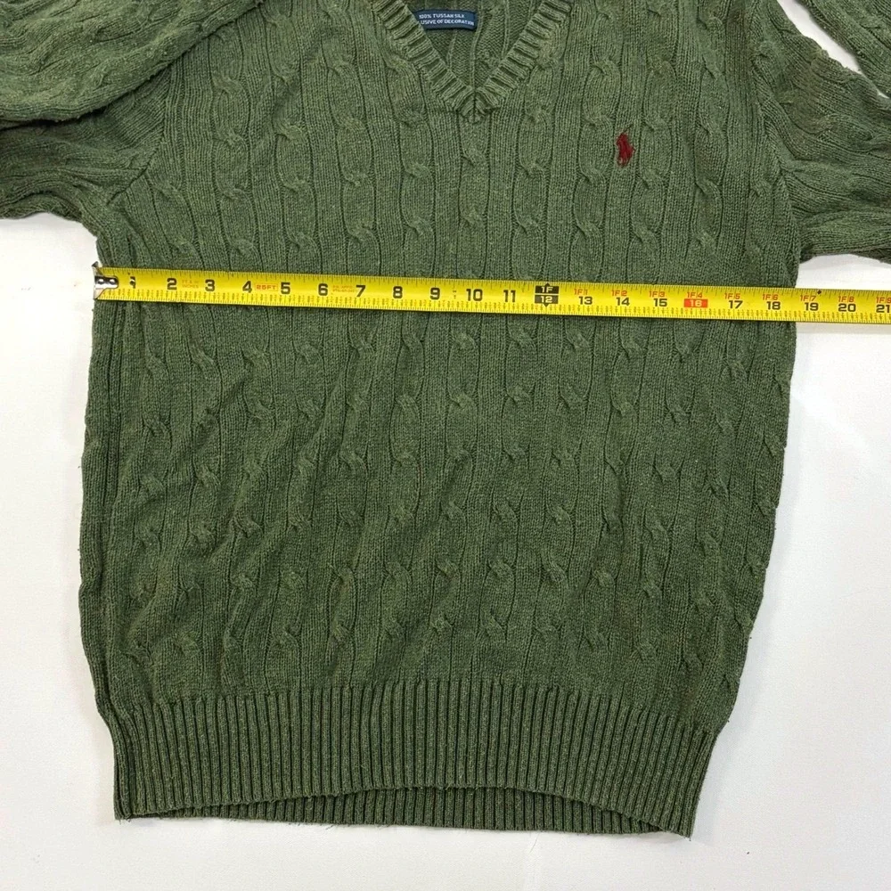 Polo Ralph Lauren Mens Silk Cable Knit V-Neck Sweater Olive Green Large